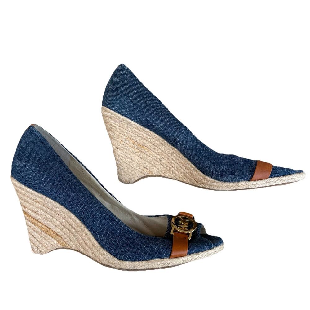 Michael Kors Denim Gold Esparilles Women’s Heels Size 9.5 FLAW Summer Wedge
